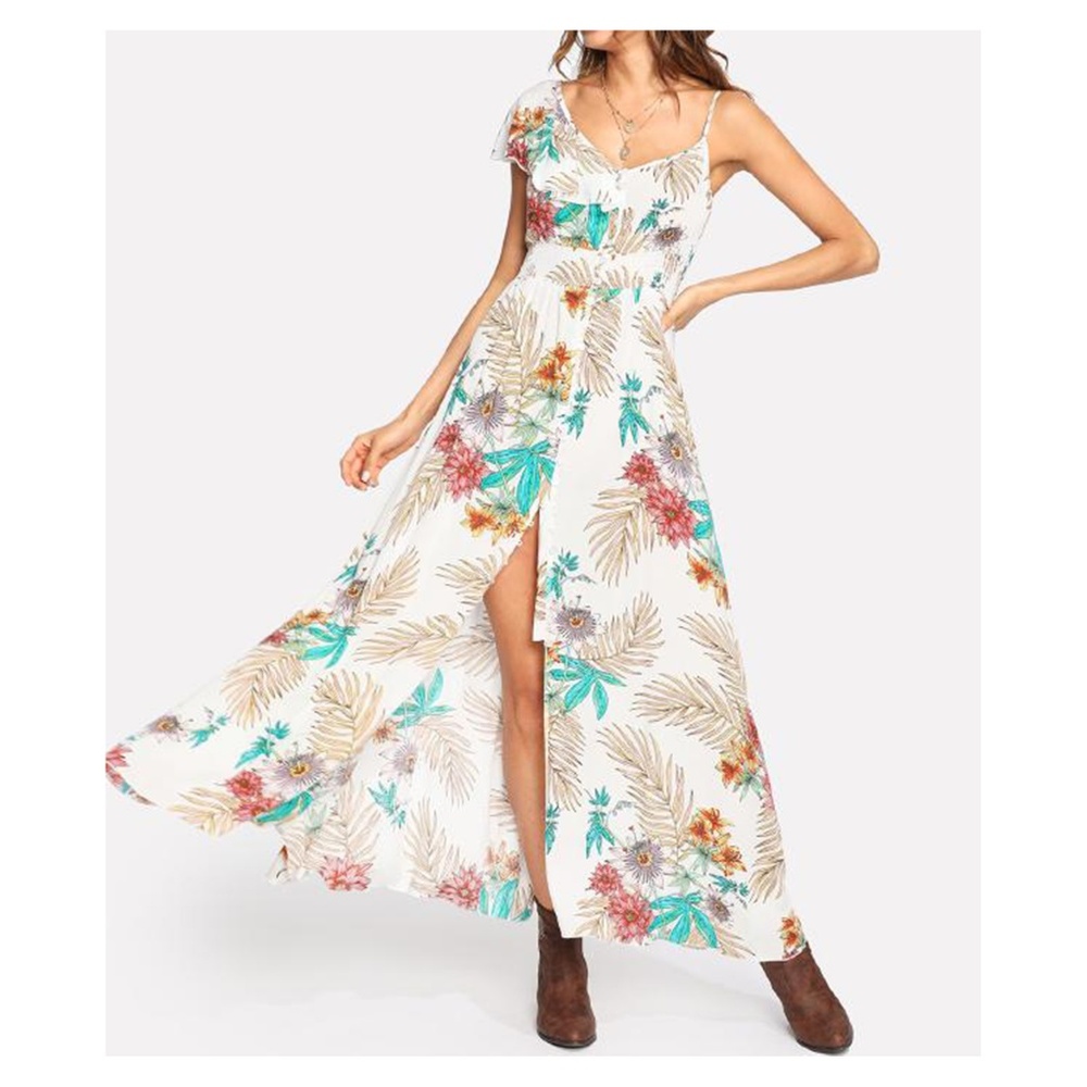 White Tropical Print Maxi Dress Asymmetrical Sleeve Button Down